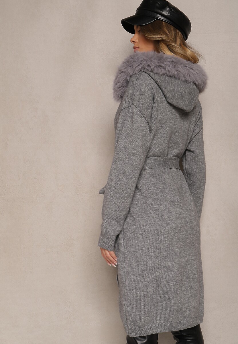 Szary Kardigan z Wełną Wiązany w Pasie z Kapturem z Odpinanym Futerkiem Besiyana