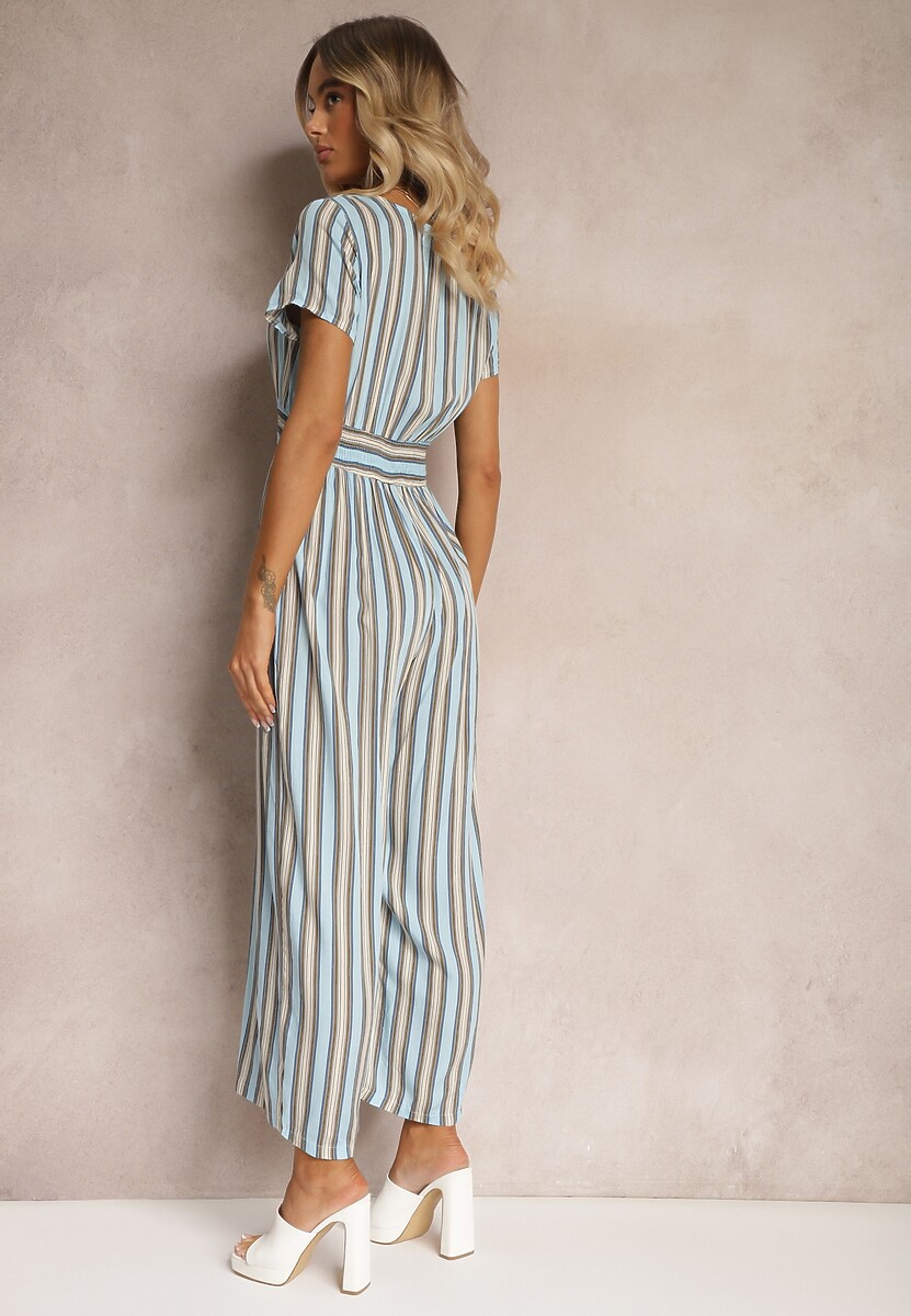 Niebieski Kombinezon z Wiskozy Wykończony Gumką w Talii i Guzikami przy Dekolcie Tinaviras