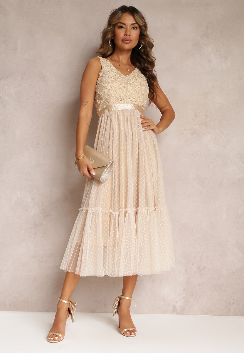 Beżowa Taliowana Sukienka Midi z Ozdobną Siateczką Celerise