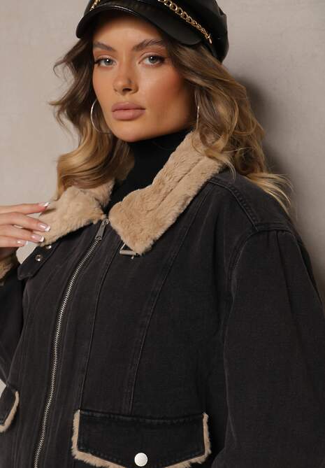 Ciemnoszara Jeansowa Kurtka z Bawełną i Futerkiem Ozdobiona Paskiem przy Kołnierzu Senalira