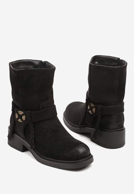 Czarne Botki Bikery z Guzikiem i Sznurkami Alissarie