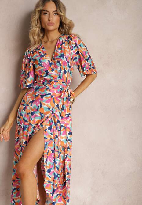 Beżowo-Różowa Sukienka z Kopertowym Dekoltem i Materiałowym Paskiem w Kwiaty Tulpia