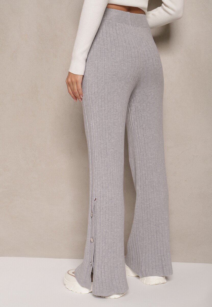 Jasnoszare Prążkowane Spodnie High Waist z Wiskozą o Szerokim Kroju Ozdobione Guzikami Zeriel
