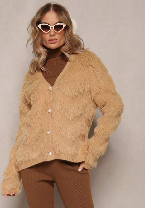 Ciemnobeżowy Zapinany Kardigan na Guziki z Puchatego Materiału Ralioppe