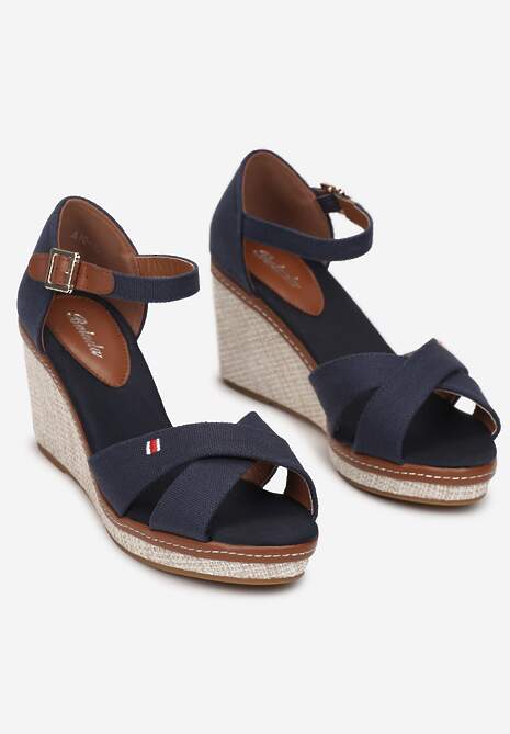 Granatowe Sandały na Plecionej Koturnie Lomatre