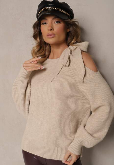 Beżowy Sweter z Ozdobnym Wiązaniem i Wycięciem na Ramieniu Eledi