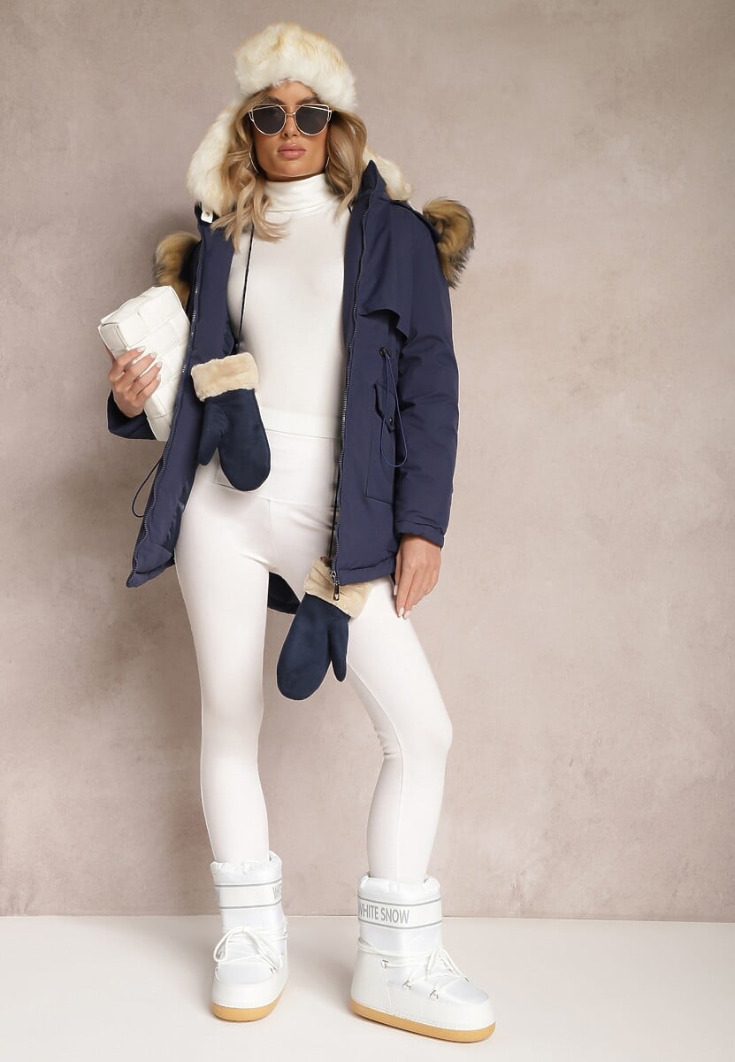 Granatowa Kurtka Parka z Odpinanym Kapturem i Futerkiem Veazee