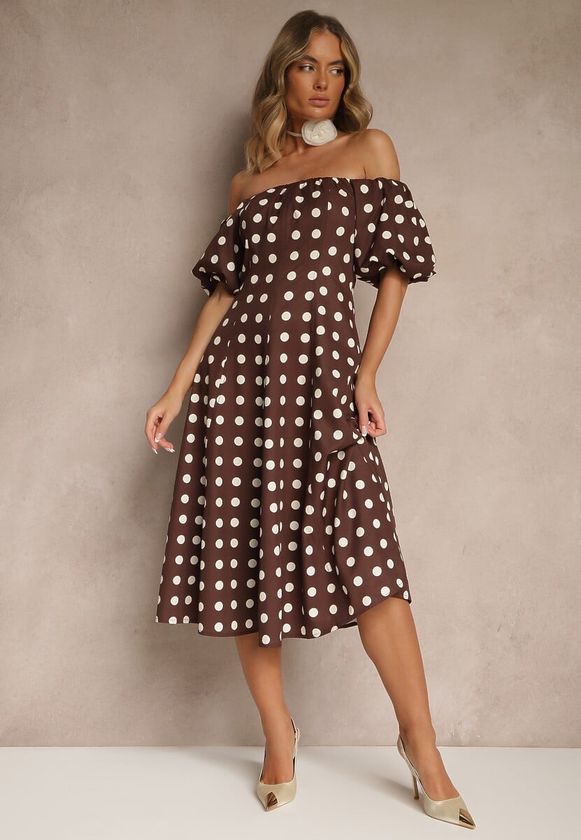 Brązowa Sukienka Hiszpanka Vices w Kropki o Rozkloszowanym Kroju Zilua