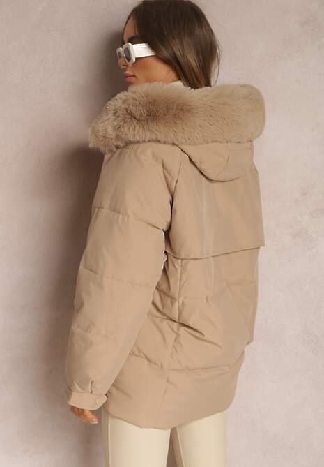 Beżowa Kurtka Pudełkowa z Odpinanym Futerkiem Bastebius