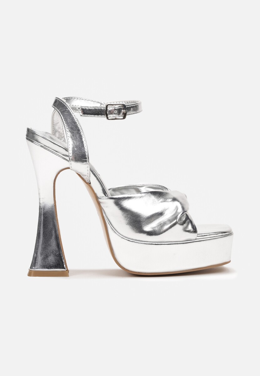 Srebrne Sandały na Wysokim Słupku i Platformie z Ozdobnym Paskiem Rupina
