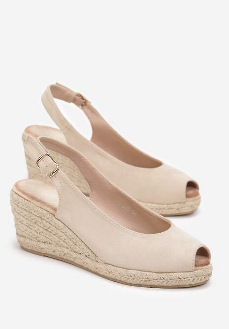 Beżowe Sandały na Plecionej Koturnie Evetra