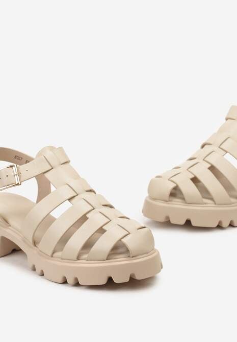 Beżowe Sandały Zapinane wokół Kostki na Sprzączkę z Wycięciami na Grubej Podeszwie Vapira