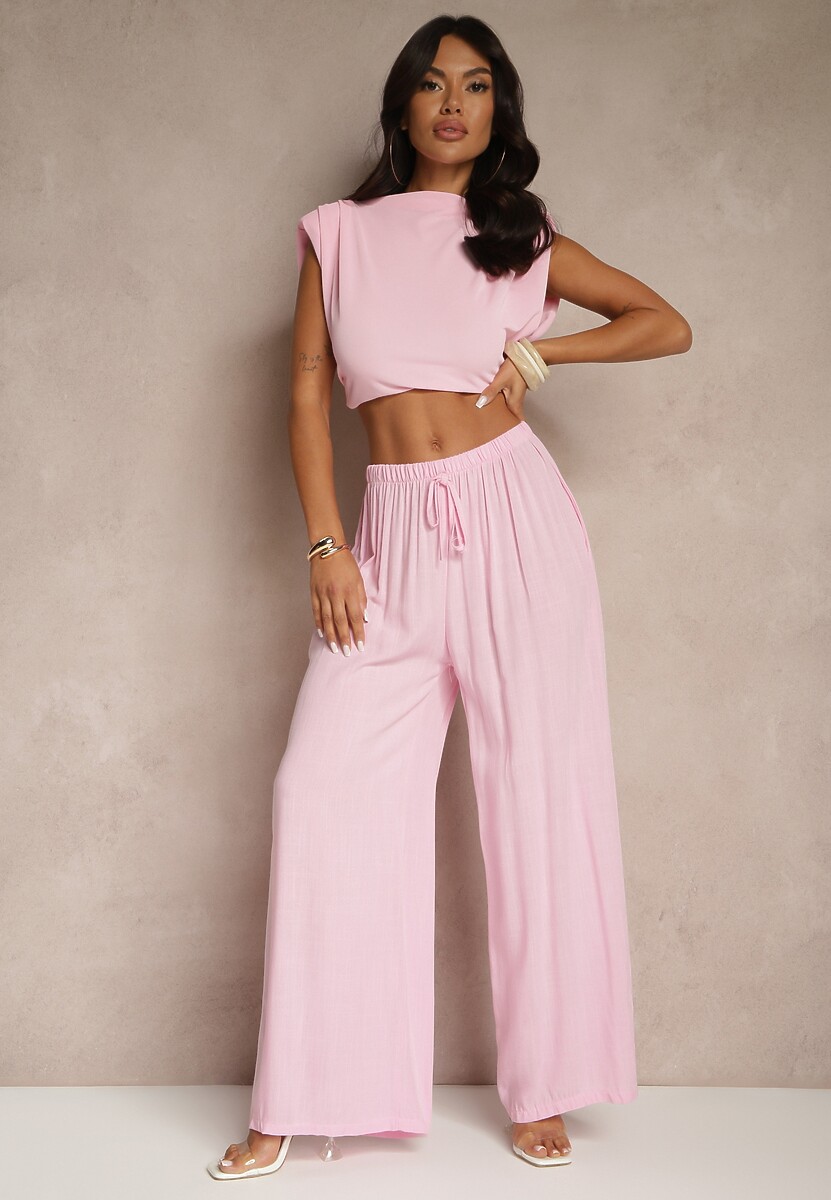 Różowe Szerokie Spodnie High Waist z Gumką w Talii Ilnena