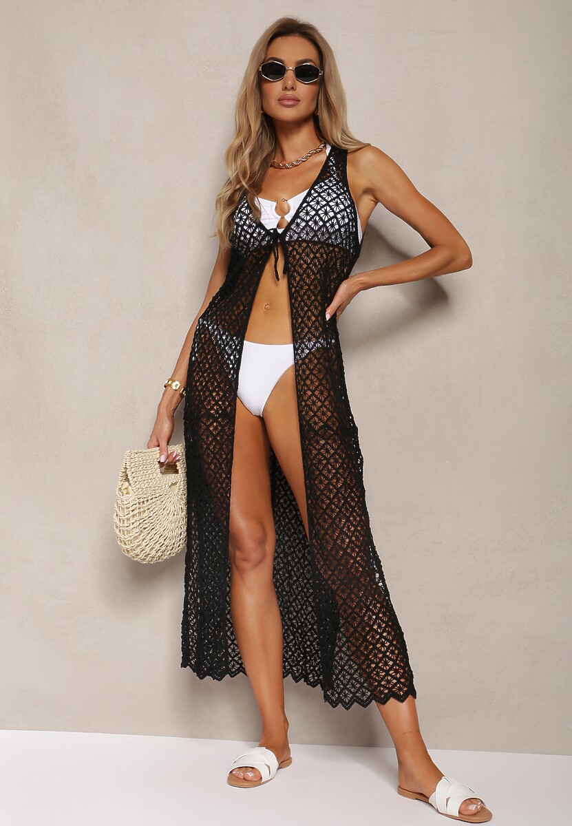 Czarna Narzutka Kardigan Ażurowy z Bawełny Wiązany bez Rękawów Giadia