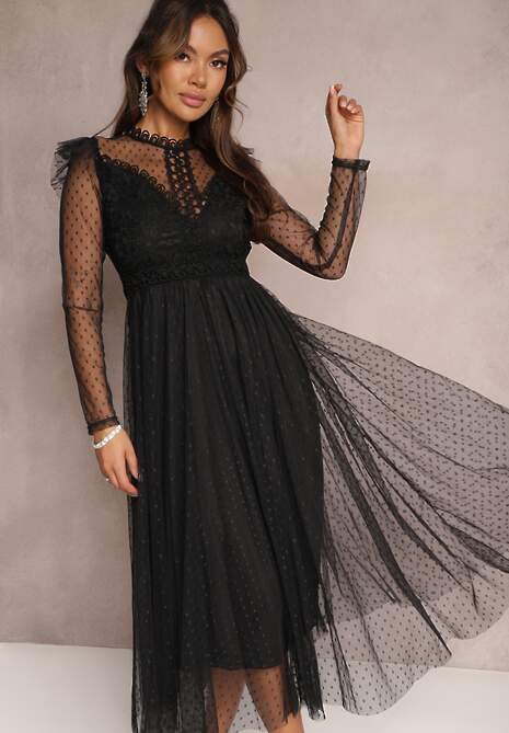 Czarna Sukienka z Koronką i Tiulem Welvia