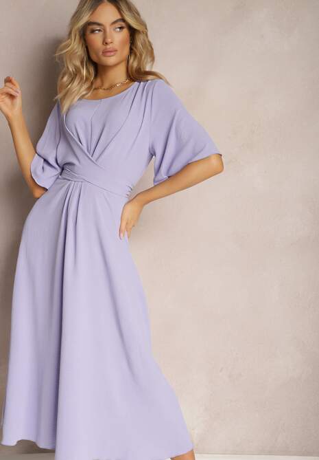 Jasnofioletowa Rozkloszowana Sukienka Maxi z Szerokim Rękawem i Gumką w Pasie Sador