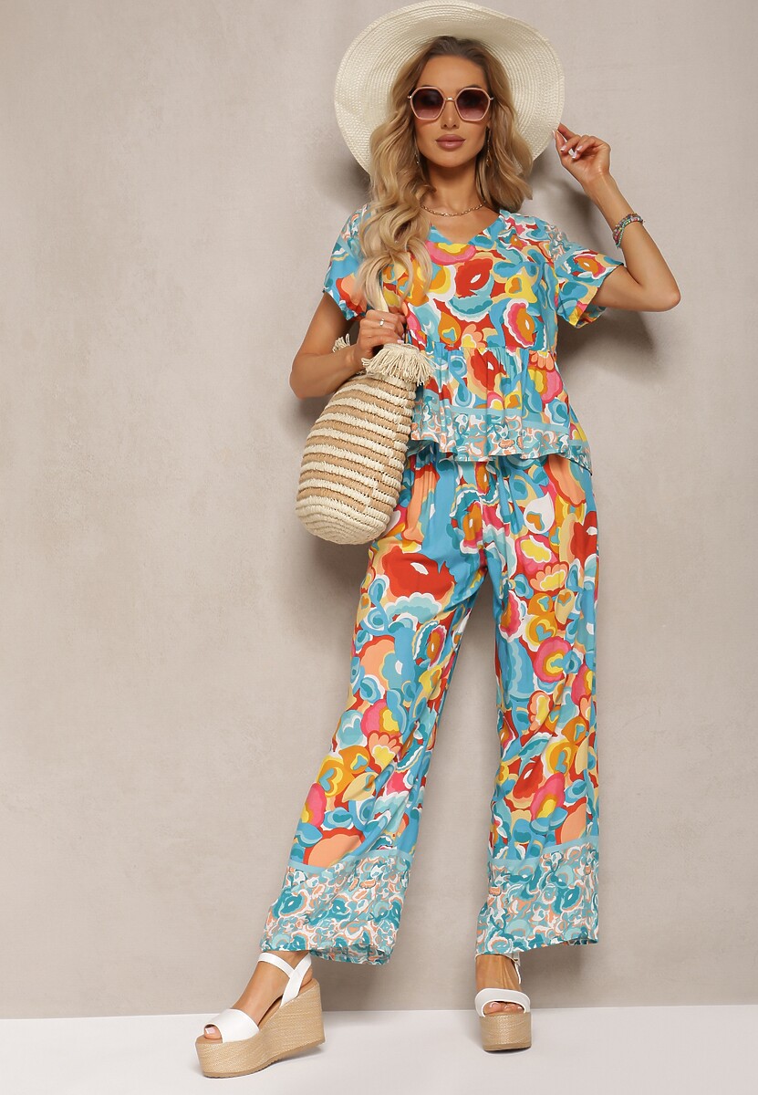 Jasnoniebieski Letni Komplet z Wiskozy w Boho Wzór z Szerokimi Spodniami i Bluzką Wiagia