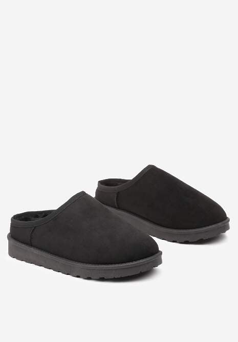 Czarne Casualowe Kapcie na Płaskiej Podeszwie z Futerkiem Peccaria