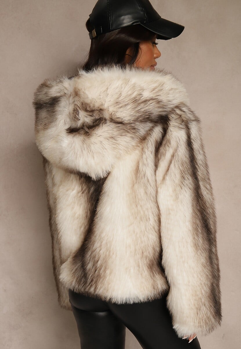 Jasnobeżowa Kurtka Futerko z Nieodpinanym Kapturem Tusnema