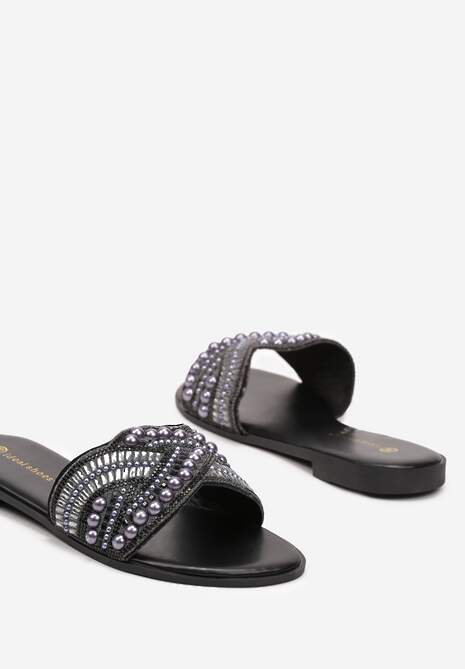 Czarne Płaskie Klapki z Imitacji Skóry Ozdobione Koralikami i Perłami Farnela