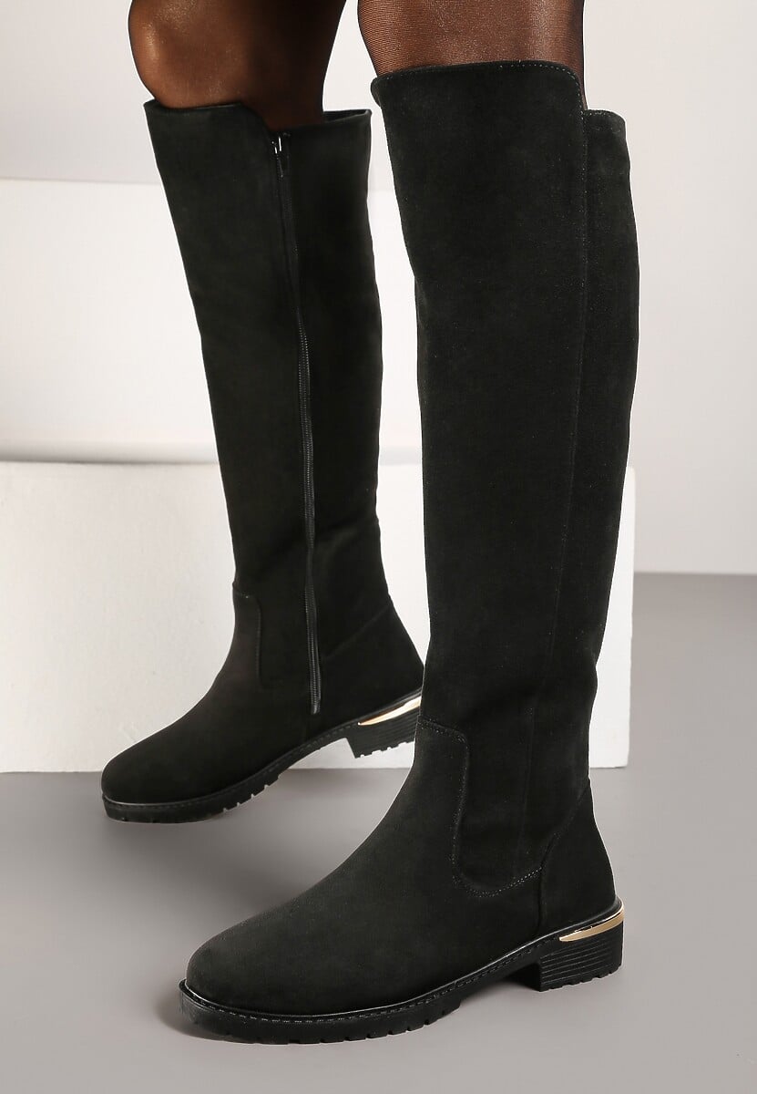 Czarne Kozaki Przed Kolano z Luźną Cholewką i Płaską Podeszwą Prado