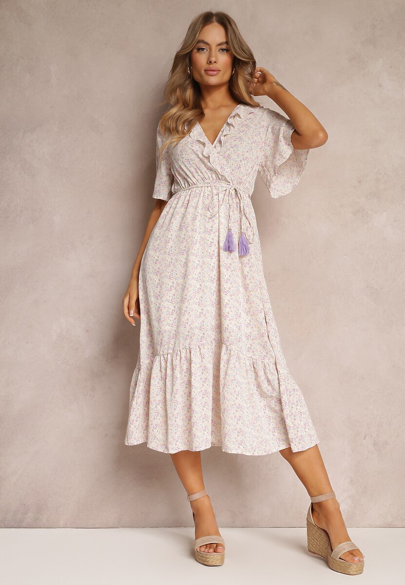 Różowo-Fioletowa Sukienka Midi z Falbankami Kopertowym Dekoltem i Gumką w Pasie Denila