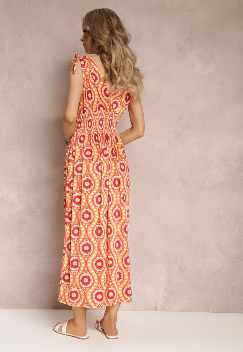 Pomarańczowa Rozkloszowana Sukienka z Wiskozy w Fantazyjny Print Karlene