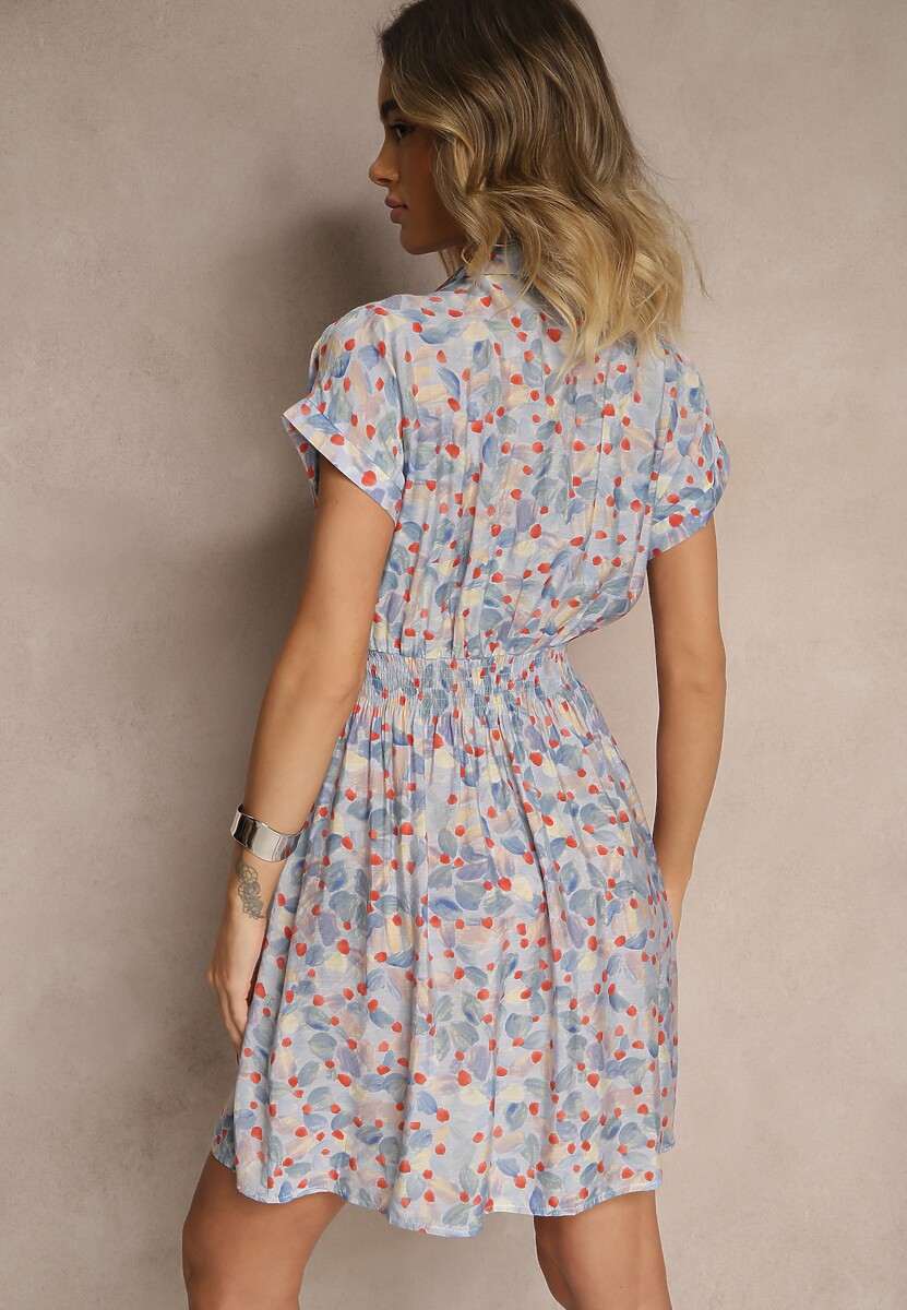 Niebieska Sukienka Taliowana z Wiskozą i Ozdobnym Paskiem Delyase