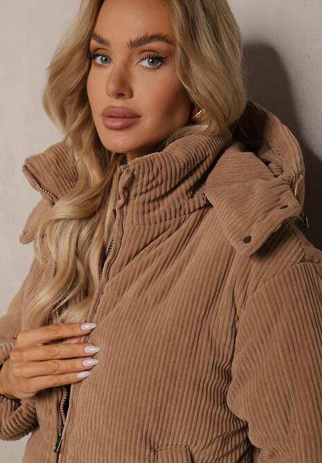 Brązowa Puchowa Kurtka Sztruksowa z Kapturem z Możliwością Odpięcia Sinrielle