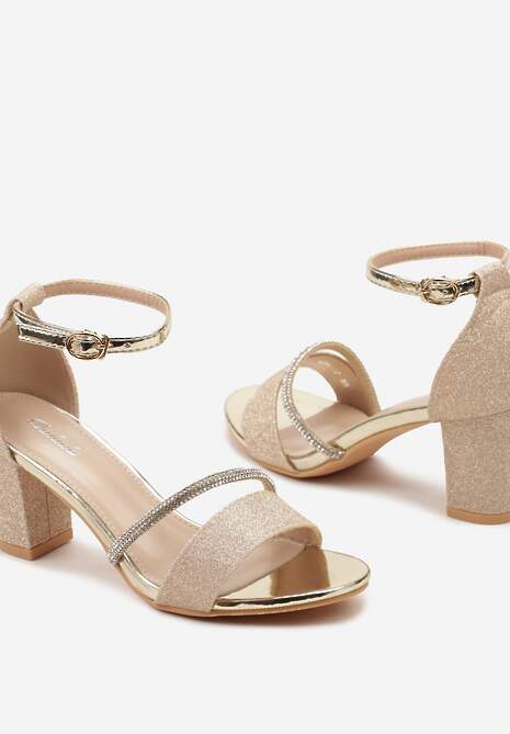 Złote Sandały na Słupku Ozdobione Cyrkoniami i Brokatem Zapinane na Sprzączkę Wejkis