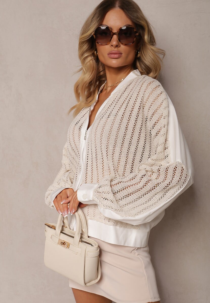 Jasnobeżowa Bawełniana Kurtka Bomberka o Ażurowym Wykończeniu Dimonias