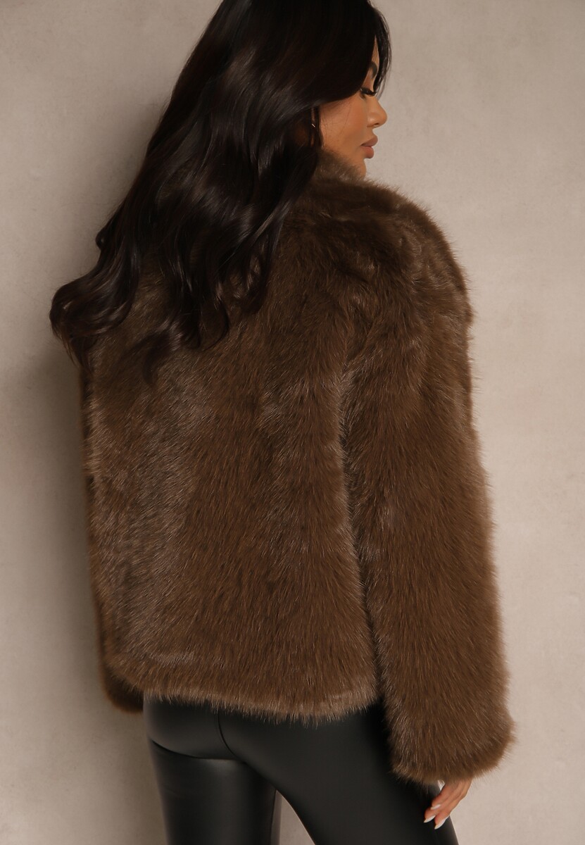 Brązowa Kurtka ze Sztucznego Futra Ozdobiona Kołnierzem Meriian