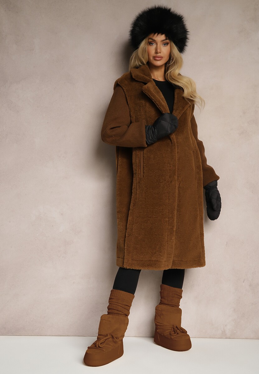 Brązowy Płaszcz Futerko z Rękawami z Dzianiny Ravileth