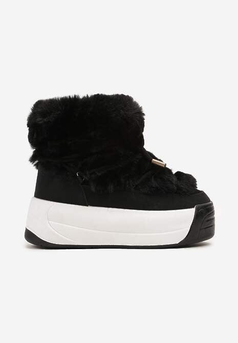 Czarne Futerkowe Śniegowce Wsuwane na Platformie z Imitacją Sznurówek Linettia