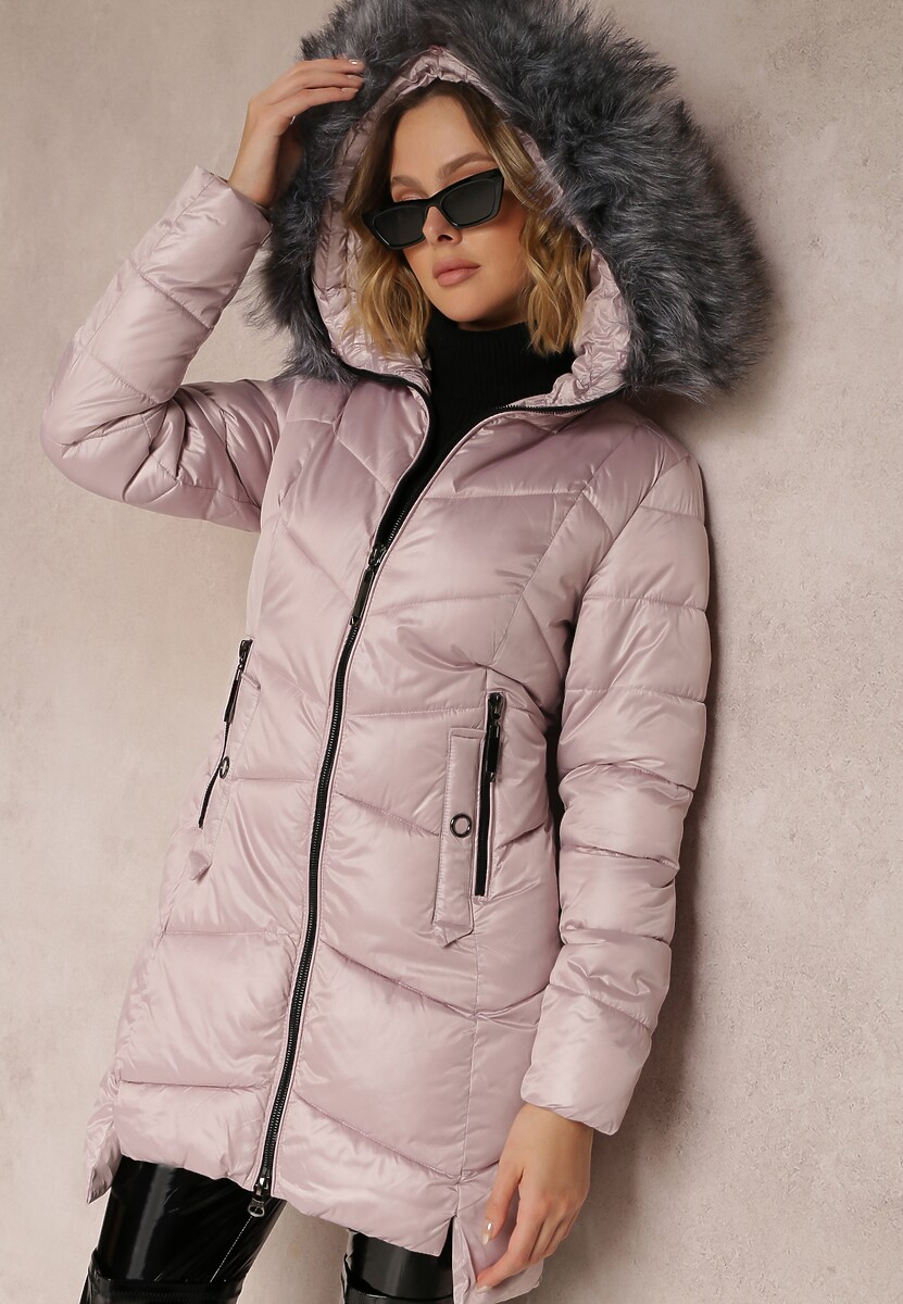 Różowa Kurtka Pikowana z Kapturem z Futerkiem Eldora
