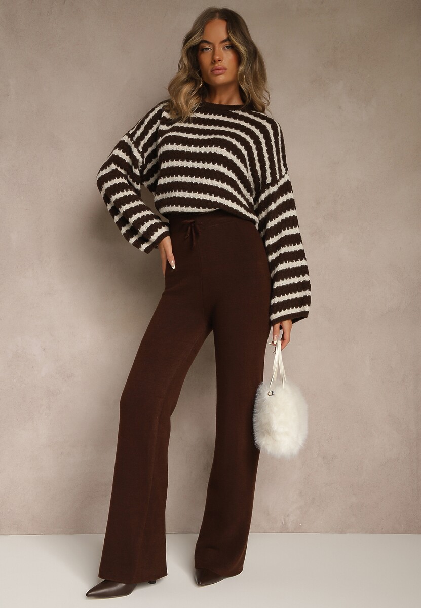 Brązowe Dzianinowe Spodnie Wide Leg z Ociepleniem Miosea