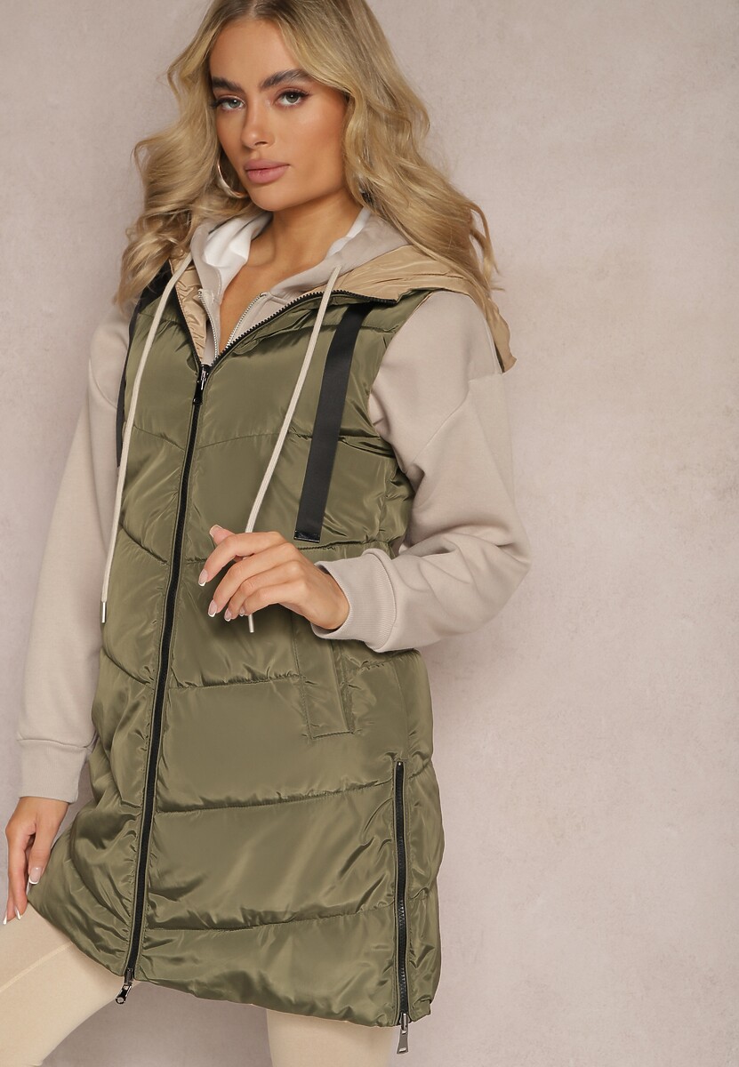 Różowa Długa Kamizelka Pikowana Dwustronna ze Sznurkami przy Kapturze Frenila