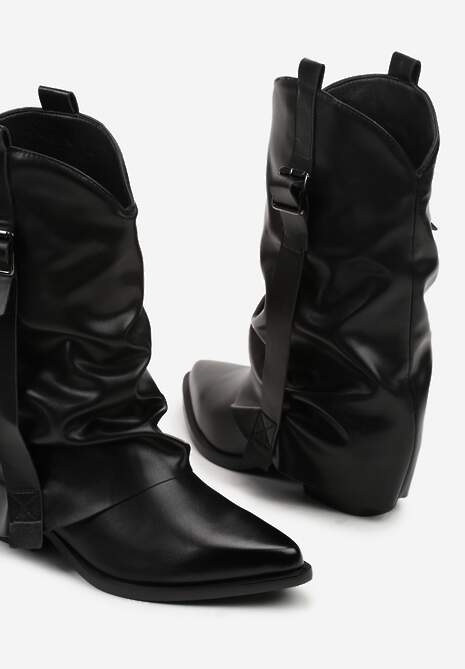 Czarne Botki Kowbojki z Wywiniętą Cholewką z Marszczeniem Ilova