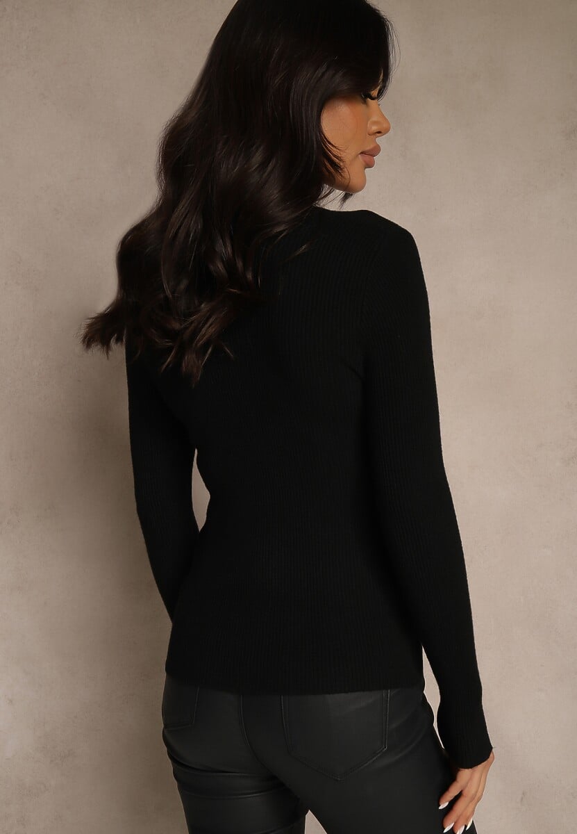 Czarny Sweter z Bawełną z Prążkowanej Dzianiny Reisaria