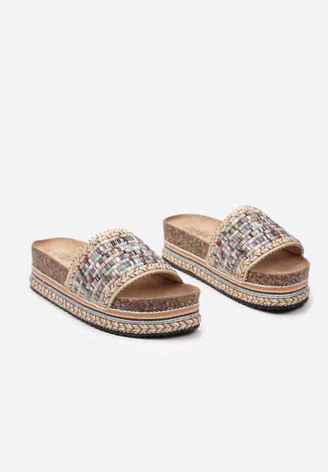 Beżowe Klapki na Platformie z Korka i Plecionki Pamarie