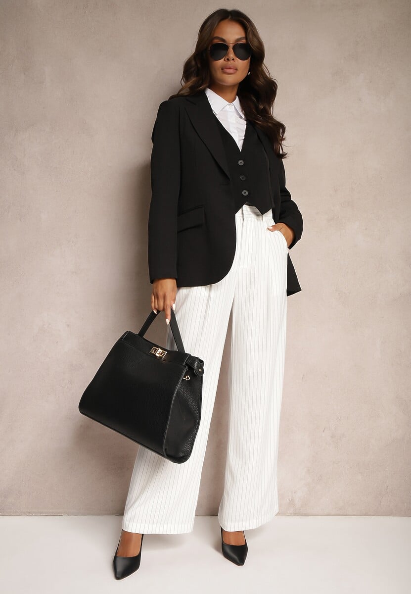 Beżowe Spodnie Szerokie w Garniturowym Stylu w Delikatne Prążki Tsalena