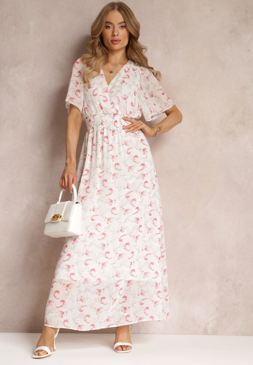 Biała Rozkloszowana Sukienka z Elastyczną Gumką w Pasie Matalie