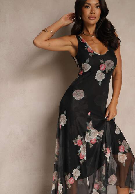 Czarna Sukienka Siateczkowa w Kwiaty Milosea