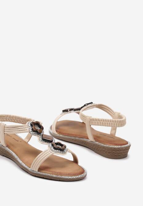 Beżowe Sandały Boho z Plecionymi Paseczkami i Kryształkami Niusa