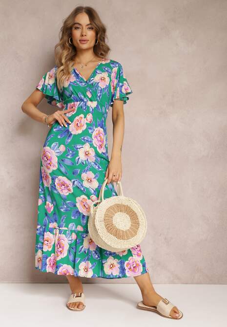 Zielona Rozkloszowana Sukienka Maxi z Gumkami w Talii i Falbankami Tayte