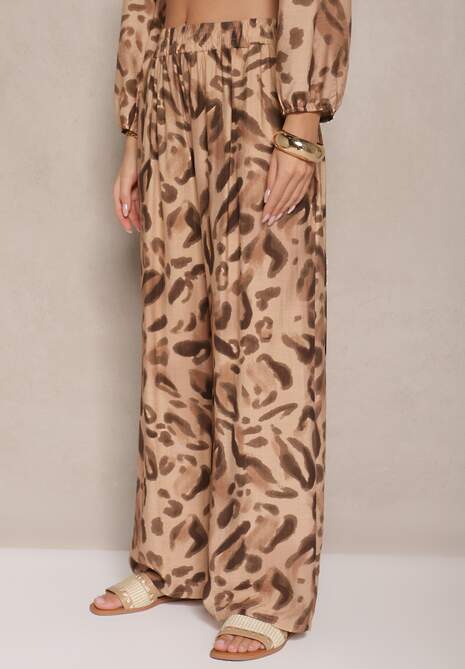 Brązowy Komplet w Panterkę z Wiskozą Szerokie Spodnie i Koszula z Dłuższym Tyłem Eviara