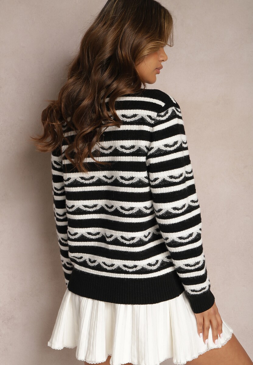 Czarny Kardigan w Paski z Wiskozy Ozdobiony Cyrkoniami i Guzikami Kleviona