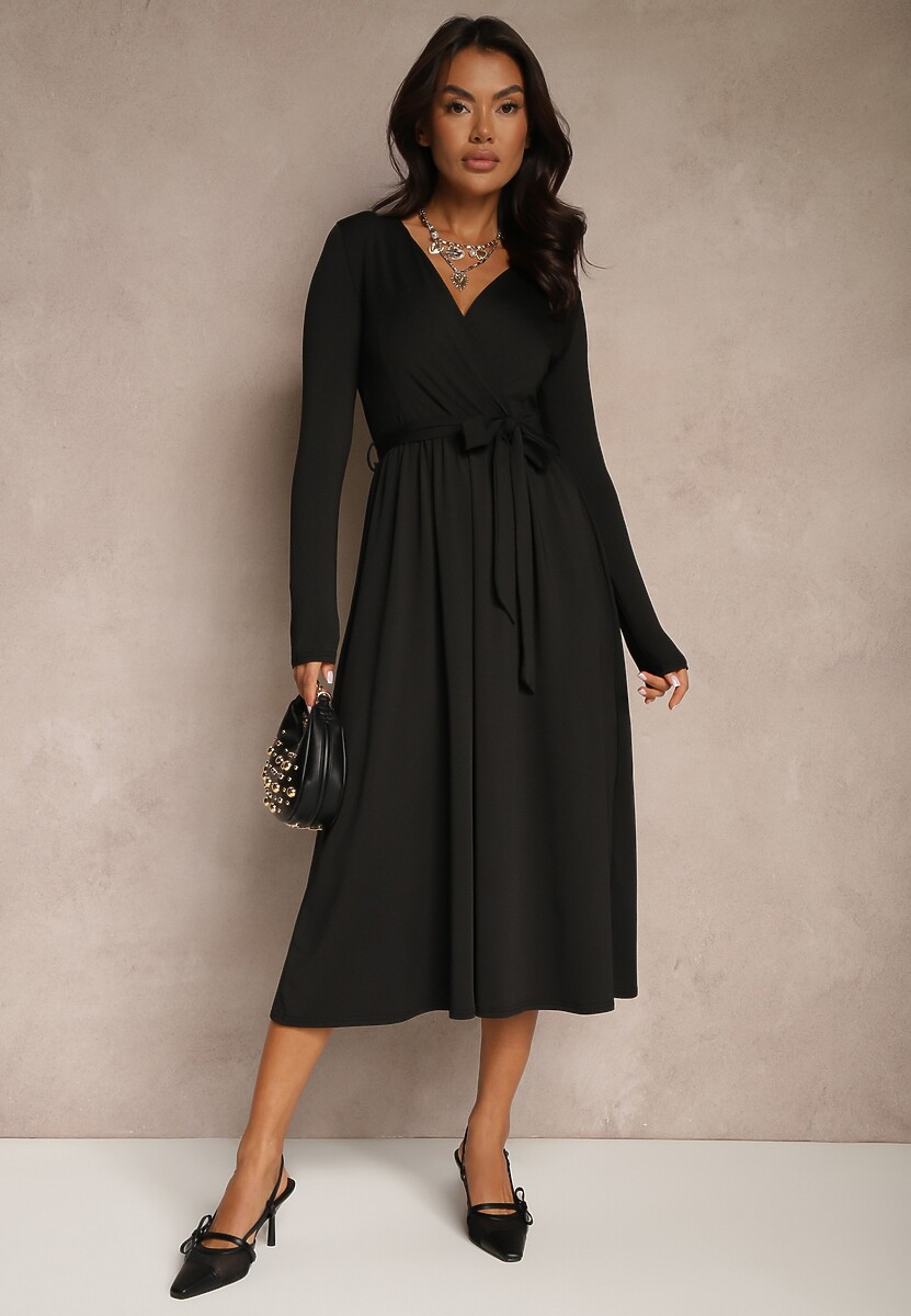 Czarna Taliowana Sukienka z Paskiem z Domieszką Wiskozy Hrestalia