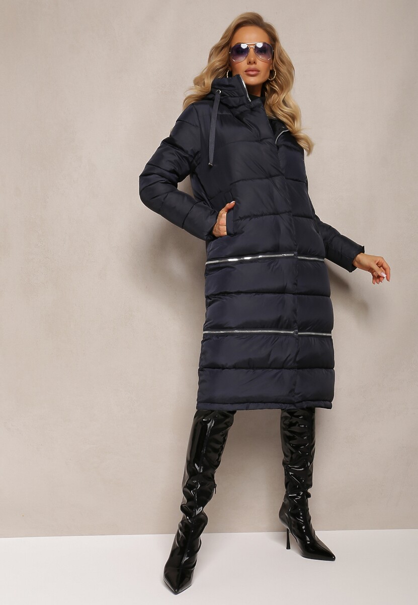 Granatowa Pikowana Kurtka Płaszcz z Kapturem i Regulowaną Długością Tirilele