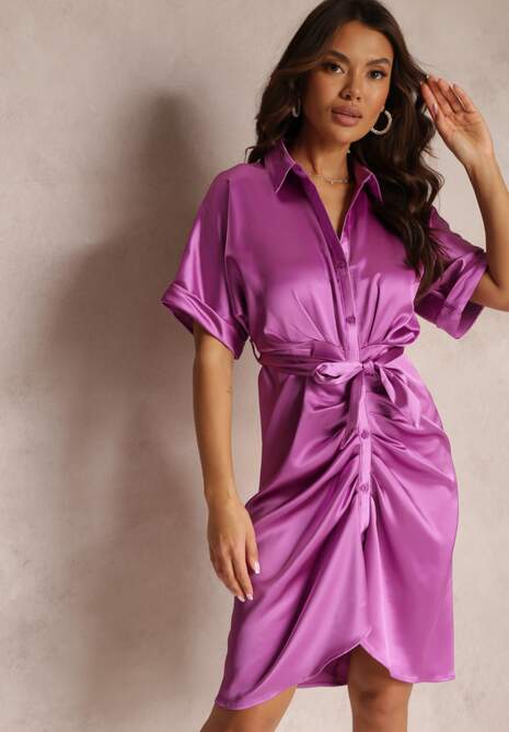 Ciemnofioletowa Koszulowa Sukienka z Marszczeniem i Wiązanym Paskiem Batha
